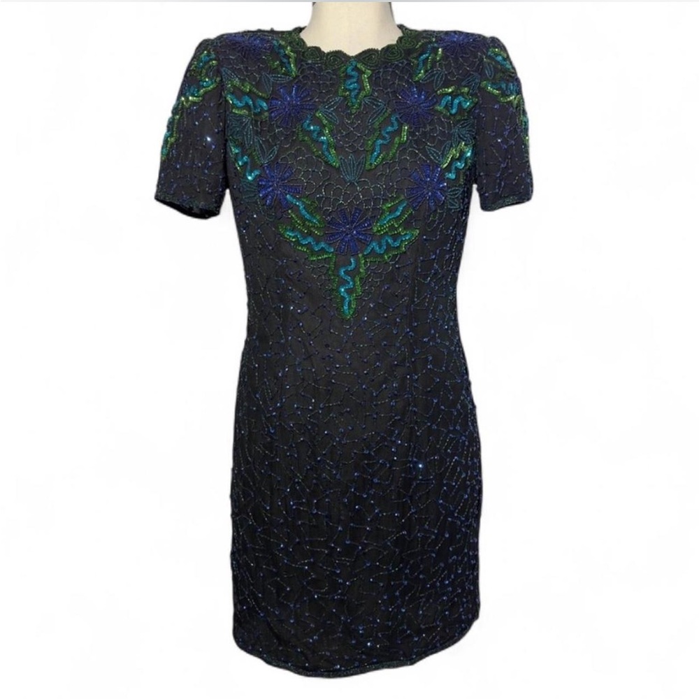 Papell Boutique Evening Beaded Silk Dress Navy Green Blue Embroidery P4